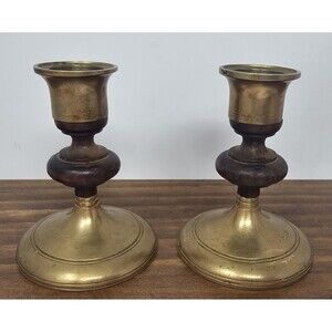 Vintage Pair of MCM Teak Wood & Brass Candle Stick Holders Tapered 3.5"